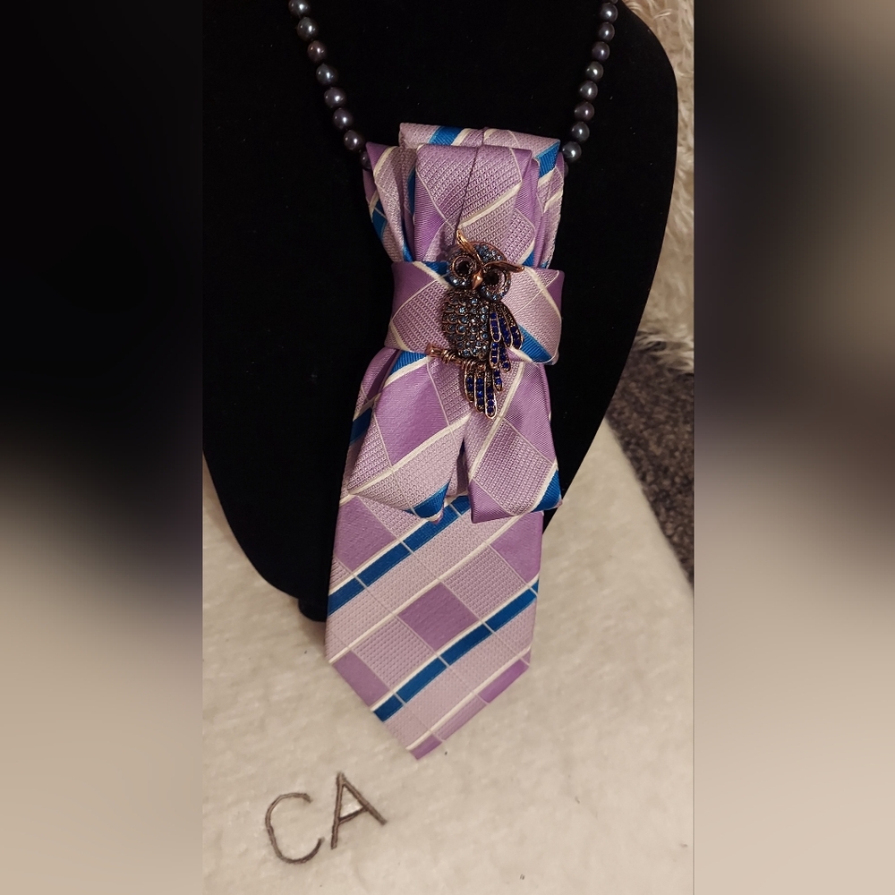 Purple and Blue Striped Tie with Brooch